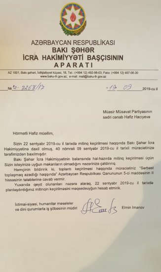 Bakı Şəhər İcra Hakimiyyəti mitinqə icazə vermədi