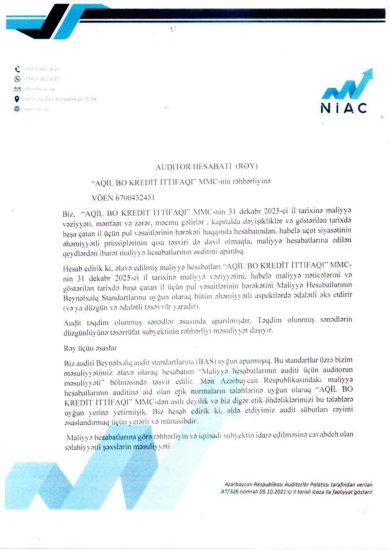 "AQİL BO KREDİT İTTİFAQI" MMC ilə bağlı 2025-ci il üçün auditor rəyi